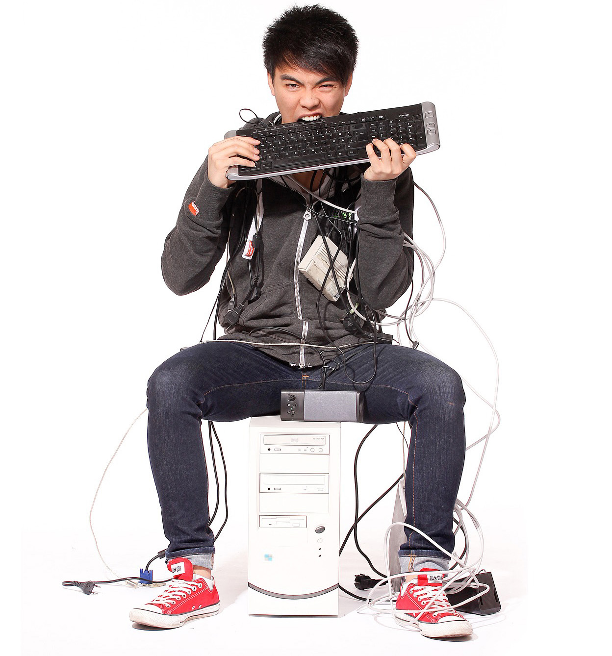 man tangled in wires